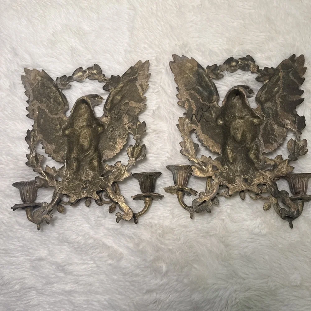 Vintage Brass Eagle Wall Scroll Sconce Candlestick Hollywood Regency Pair 2 MCM